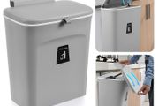 Hanging Kitchen Bin with Lid, Cupboard Bins for Kitchen Cabinet Door, Trash Can Waste Bins Under Sink Counter Top, Trash Bin for Bedroom Bathroom Office Motorhome 9L (Grey)