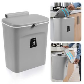 Hanging Kitchen Bin with Lid, Cupboard Bins for Kitchen Cabinet Door, Trash Can Waste Bins Under Sink Counter Top, Trash Bin for Bedroom Bathroom Office Motorhome 9L (Grey)