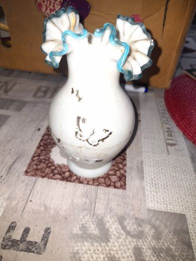 Antique Fenton Milk Glass Vase Ruffled Sky Blue Rim, Postage Available or Collection