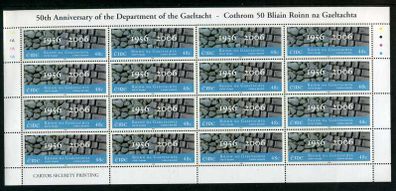 2006 Ireland 50th Anniversary of the Department of the Gaeltacht Commemorative Stamp Sheetlet Plate 1A1A1A1A Mint Never Hinged (MNH).