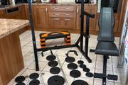 Large Gym Bundle, 100kg Metal Weights Set, 250kg Rated Heavy Sqaut Rack, Weight Bench, Aerobic Step And More!!!
