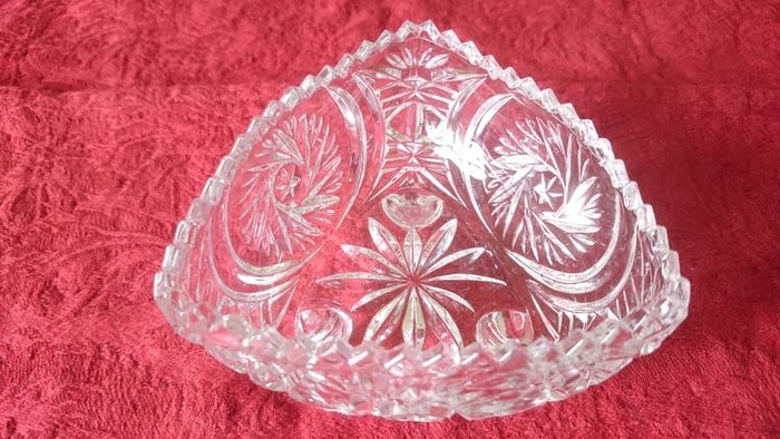 Triangular Cut Crystal Glass Footed Jewelry Dish