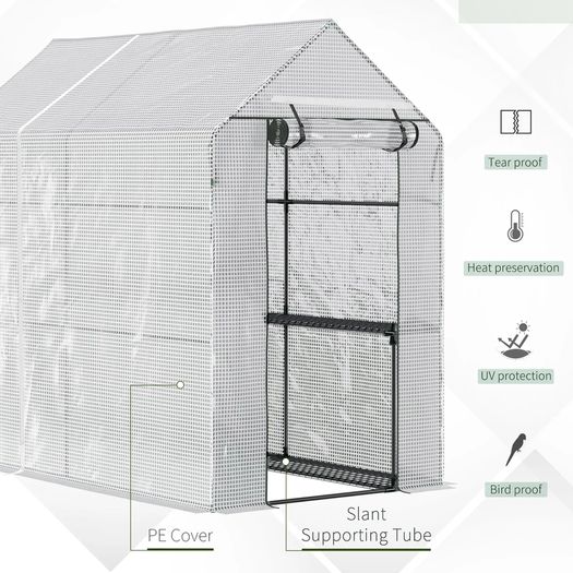 Walk-in Garden Greenhouse with Shelves, Polytunnel Steeple Grow House, Outdoor Plant Shelter Tent, 186L x 120W 190Hcm