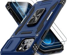 Case for iPhone 15 with Slide Camera Cover + Screen Protector (2 Packs), Rotated Ring Kickstand Military Grade Shockproof Protective Cover-Navy Blue