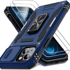 Case for iPhone 15 with Slide Camera Cover + Screen Protector (2 Packs), Rotated Ring Kickstand Military Grade Shockproof Protective Cover-Navy Blue