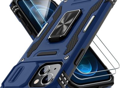 Case for iPhone 15 with Slide Camera Cover + Screen Protector (2 Packs), Rotated Ring Kickstand Military Grade Shockproof Protective Cover-Navy Blue