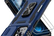 Case for iPhone 15 with Slide Camera Cover + Screen Protector (2 Packs), Rotated Ring Kickstand Military Grade Shockproof Protective Cover-Navy Blue