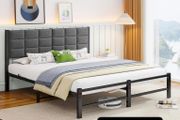 King Size Bed Frame Upholstered Platform Bed with Square Tufted Headboard