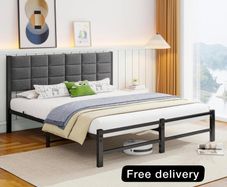 King Size Bed Frame Upholstered Platform Bed with Square Tufted Headboard