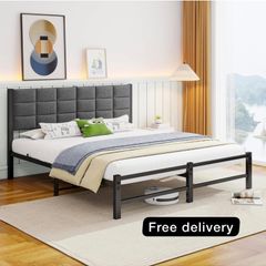 King Size Bed Frame Upholstered Platform Bed with Square Tufted Headboard