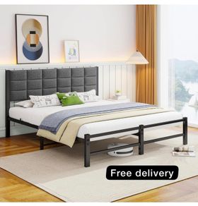 King Size Bed Frame Upholstered Platform Bed with Square Tufted Headboard