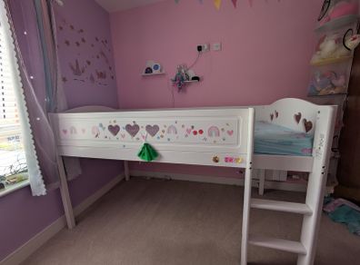White wooden mid sleeper with pull out desk