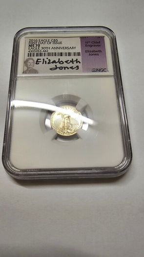 2016 5 Dollar Gold Eagle MS70 NGC 30th Anniversary First Day of Issue Signed By Elizabeth Jones Premium Slab