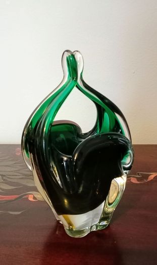 Vintage Green Art Glass Basket Vase by Josef Hospodka. Chribska Glassworks.