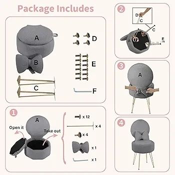 Plush Flannel Vanity Stool with Bowknot Backrest & Storage, Foldable Back Makeup Chair with Cushioned Seat & Metal Legs, Soft Dressing Table Stool for Bedroom, Home Decor, Grey