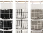 3Pcs Wall Closet Hanging Storage Bag, Waterproof over the Door Linen Fabric Organizer, Stylish Hanging Storage Pouches with 3 Pockets for Bedroom Bathroom(Black/Gray/White)