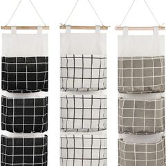 3Pcs Wall Closet Hanging Storage Bag, Waterproof over the Door Linen Fabric Organizer, Stylish Hanging Storage Pouches with 3 Pockets for Bedroom Bathroom(Black/Gray/White)