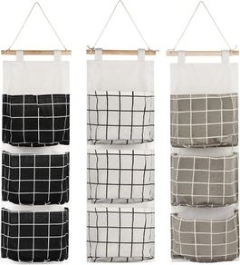3Pcs Wall Closet Hanging Storage Bag, Waterproof over the Door Linen Fabric Organizer, Stylish Hanging Storage Pouches with 3 Pockets for Bedroom Bathroom(Black/Gray/White)