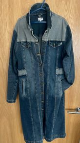 Jeans denim distressed jacket midi long trench coat dress over knee long sleeve stretch material size L/XL