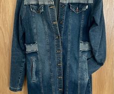 Jeans denim distressed jacket midi long trench coat dress over knee long sleeve stretch material size L/XL