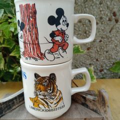 Carrigaline pottery, Pair promotional mugs, vintage advertising, 1980s, 1970s