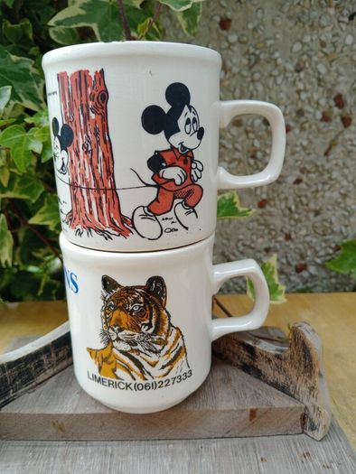 Carrigaline pottery, Pair promotional mugs, vintage advertising, 1980s, 1970s