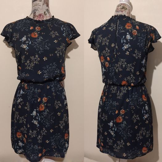 Navy Blue Floral Pocket Dress