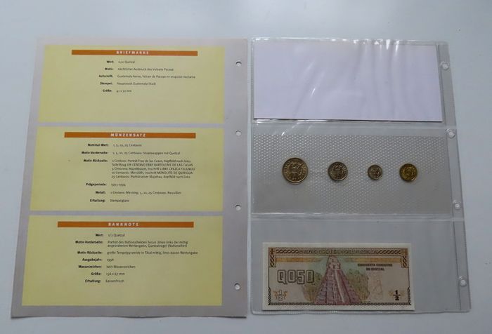 Guatemala Banknote + Coins + Stamp collector set vintage currency