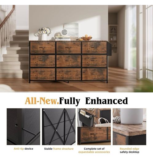 Fabric Chest of Drawers 9 Drawers Large TV Stand for 43-65 TVs Label Cards, Side Pocket &