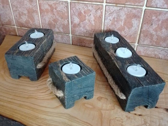 Handmade Reclaimed Wood Tealight Holders, Hard Wax Oil Set (+ 6 LED Lights)