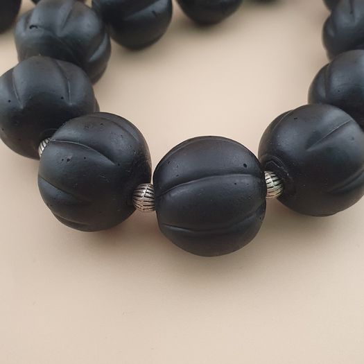 Antique African Style Dark Black Melon Shape Glass Beads Necklace