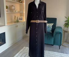 Brand-new Ladies Black Shirt Dress with Gold Buttons and Brown Belt. Size UK 22 / EU 50