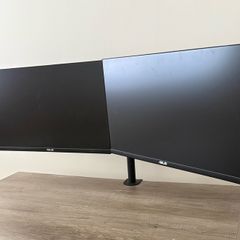 Dual 27 Inch ASUS Eye Care monitors and monitor arm