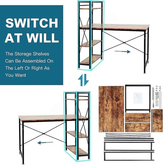 SALE Oak & Tea Computer Desk, Writing Desk with 4 Tier DIY Storage Shelves on Left or Right, 120 x 60 x 122cm Work Table for Office Living Room, Steel Frame, Industrial