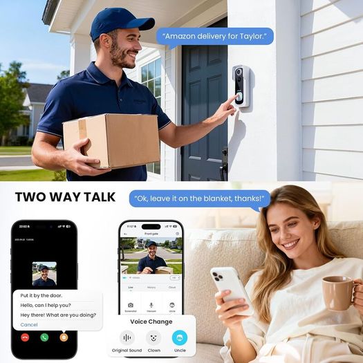 Doorbell Camera Wireless No Monthly Fee, 2K HD Video Doorbell with Chime, Smart AI Detection Instant Alert, 2-Way Talk, Clear Night Vision, Only 2.4GHz WIFI, Works with Alexa, White