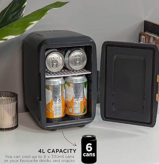 Mini Portable Cooler & Warmer for Drinks, Cosmetics/Makeup/Skincare, AC/DC Power, Scandi Style, Grey & Wood Effect, For Bedroom, Home, Caravan, Car