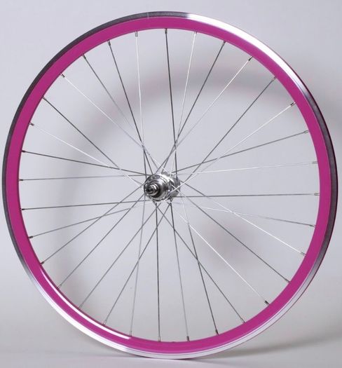 Pink Bicycle Wheelset - Fixie/Singlespeed/FixedGear/Track Bike (FlipFlop Rear Hub) Sealed Bearings - Massive Discount Sale due to Cosmetic Flaws - Pink Rims with Silver Spokes and Hubs