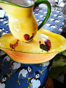 trio of dish, platter , jug . hens motif