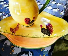 trio of dish, platter , jug . hens motif