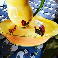 trio of dish, platter , jug . hens motif