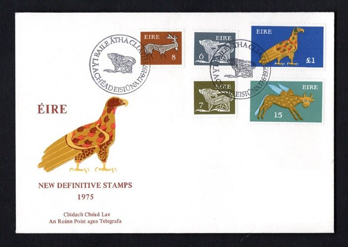 1975 Ireland 6p, 7p, 8p, 15p & IR1 Gerl definitive stamps Post & Telegraph First Day Cover (FDC) with Baile Atha Cliath pictorial cancel