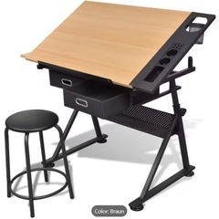 Adjustable Drawing Table  Drafting Desk with Stool Tilting Art Desk with Storage