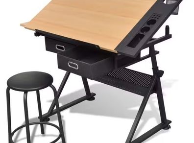 Adjustable Drawing Table  Drafting Desk with Stool Tilting Art Desk with Storage