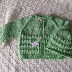 Hand Knit Baby Cardigan & Hat: 0-3 Months