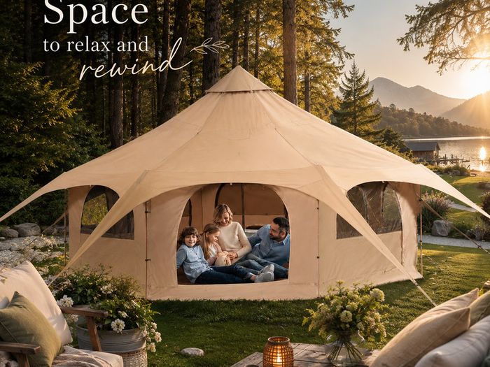 5m Canvas Bell Tent Luxury Glamping Tent with Stove Jack, 8 Mesh Windows & Year-Round Camping Shelter