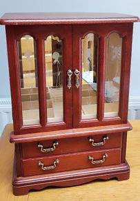 Vintage  Wooden Jewelry Box Floral Door 2 Drawers Necklace Hanger Rings