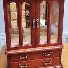 Vintage  Wooden Jewelry Box Floral Door 2 Drawers Necklace Hanger Rings