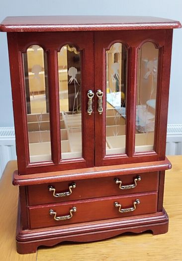 Vintage  Wooden Jewelry Box Floral Door 2 Drawers Necklace Hanger Rings