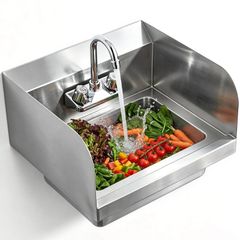 17 x 12.8in Stainless Steel Hand Sink - Wall Mount Design - Faucet & Side Splash