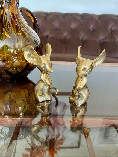 Two Vintage Stylised Big Eared Brass Mouse Figurines Brass Mice Ornaments 1970s